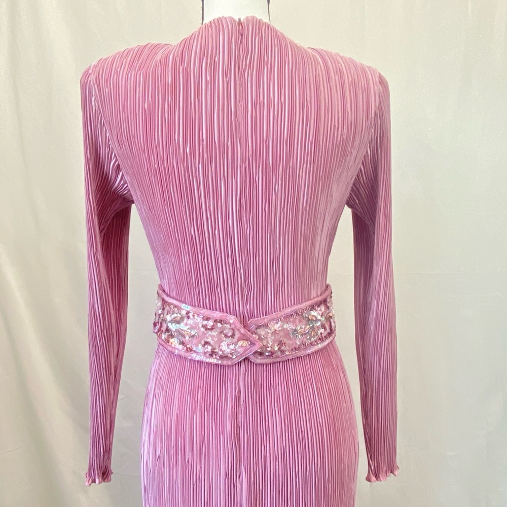 NUIT Vintage 1980s Pink Mauve Micro Pleated Dress Beaded Embellished Waist sz 8 - Picture 9 of 17
